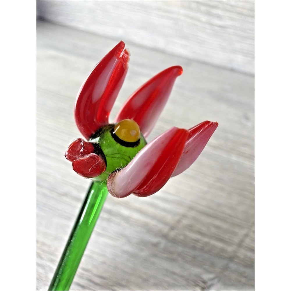 Vtg 4 Hand Blown Glass Swizzle Cocktail Stirring Sticks Flowers Red White Green - Picture 3 of 8
